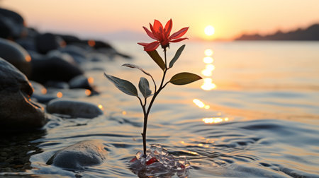 a red flower sits in the water at sunsetの素材