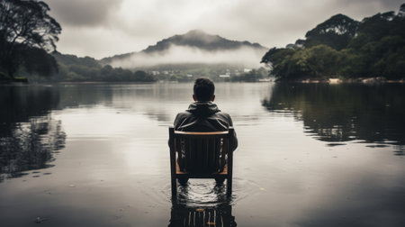 a person sitting on a chair in the middle of a lakeの素材