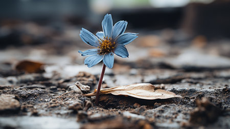 a single blue flower growing out of the groundの素材