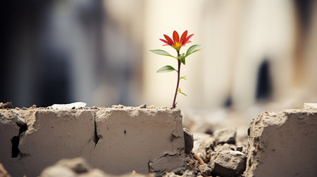 a red flower growing out of a crack in the groundの素材