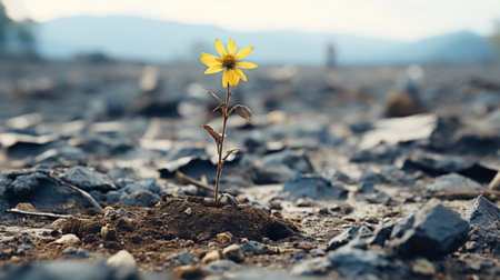 a single yellow flower is growing out of the ground in the middle of a barren fieldの素材