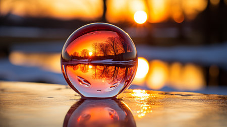 a red glass ball sitting on a table in front of a lakeの素材