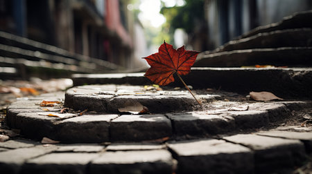 a single red leaf sits on top of some stepsの素材