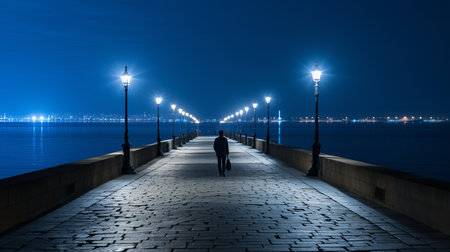 a person walking along a pier at nightの素材
