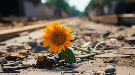 a single sunflower sits on the ground in front of a train trackの素材