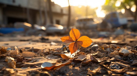 a single orange flower sits in the middle of a pile of leavesの素材