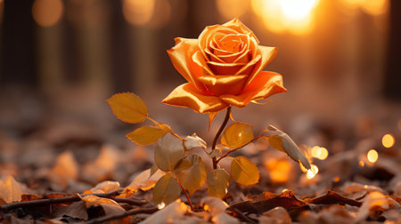 a single orange rose sits in the middle of a field at sunsetの素材