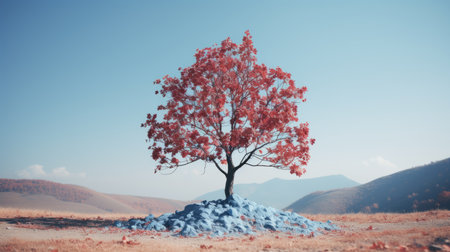 a red tree in the middle of a fieldの素材