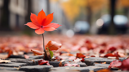 a single red flower growing out of the ground on a cobblestone streetの素材