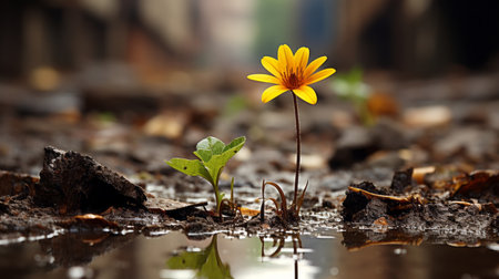 a single yellow flower is standing in a puddle of waterの素材