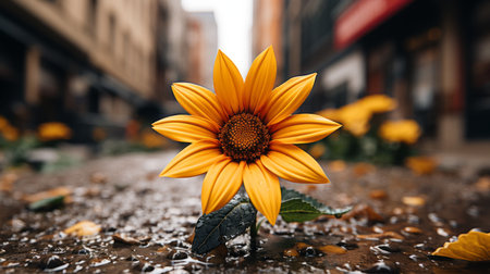 a single yellow sunflower is standing in the middle of a wet streetの素材