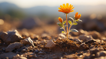 a small orange flower is growing out of the groundの素材