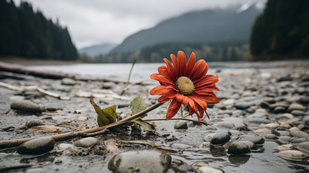 a single red flower sits on the shore of a lakeの素材