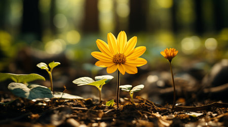 a single yellow flower growing out of the ground in the middle of a forestの素材