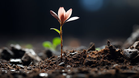 a small pink flower is growing out of the groundの素材