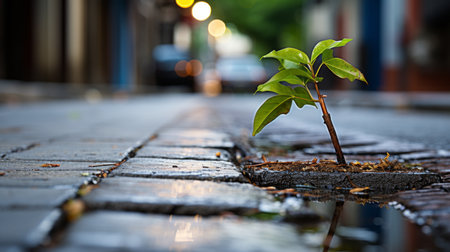 a small plant growing in a puddle on a streetの素材