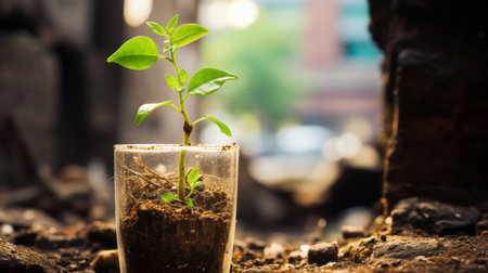 a small plant is growing in a glass containerの素材