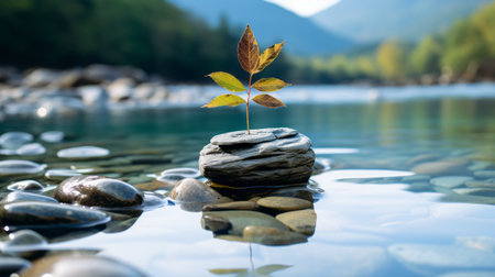 a small plant is sitting on top of a rock in the waterの素材
