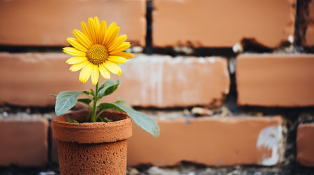 a small yellow flower is sitting in a clay potの素材