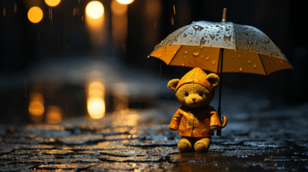 a teddy bear holding an umbrella in the rainの素材