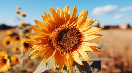 a sunflower in a field with a blue sky in the backgroundの素材