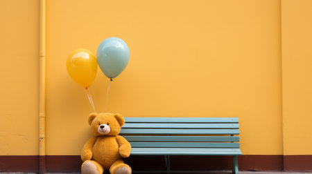 a teddy bear sitting on a bench next to a yellow wallの素材