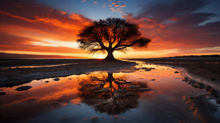 a tree is reflected in the water at sunsetの素材