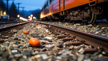a train on the tracks with orange peels on the groundの素材