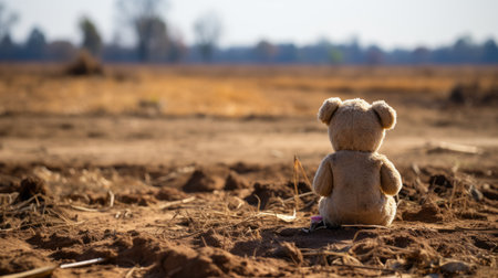 a teddy bear sits alone in a barren fieldの素材
