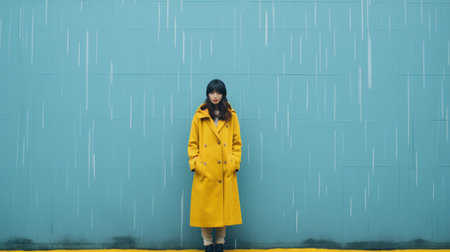 a woman in a yellow coat standing in front of a blue wallの素材