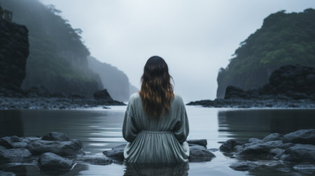 a woman sitting in the middle of a riverの素材