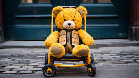 a teddy bear sitting in a stroller on a cobblestone streetの素材