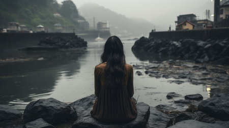 a woman sitting on a rock in front of a body of waterの素材