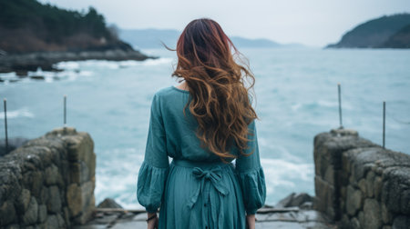 a woman in a blue dress standing on a pier looking at the oceanの素材