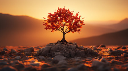 a tree is growing on top of a rock in the middle of a fieldの素材