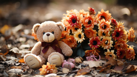 a teddy bear sitting next to a bouquet of flowersの素材