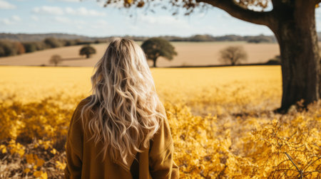 a woman standing in a field of yellow flowersの素材