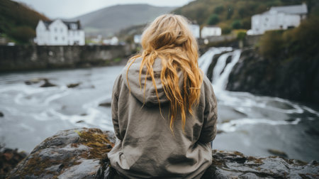 a woman sitting on a rock overlooking a waterfallの素材