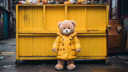a teddy bear in a yellow coat standing in front of a yellow storage containerの素材