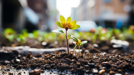 a small plant is growing out of the groundの素材