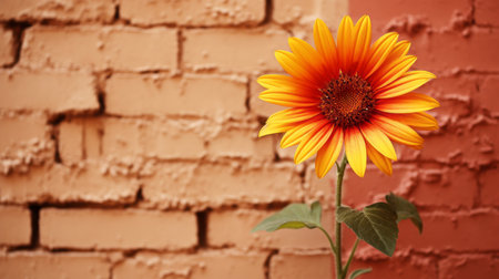 a sunflower is standing in front of a brick wallの素材