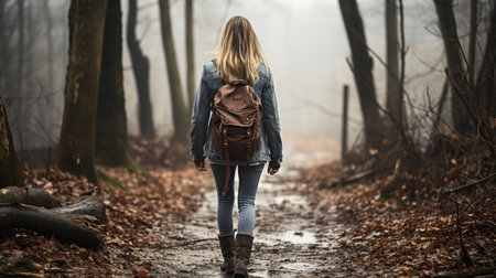 a woman with a backpack walking through the woodsの素材