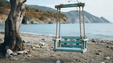a wooden swing sitting on the beach next to a treeの素材