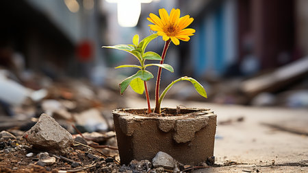 a yellow flower growing out of a cement potの素材