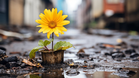 a yellow flower growing out of a pot on a muddy streetの素材