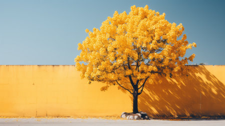 a yellow tree in front of a yellow wallの素材