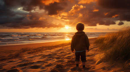 a young boy standing on the beach at sunsetの素材