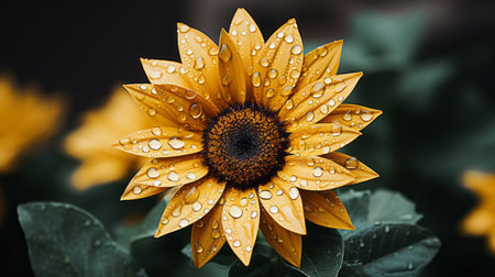 a yellow sunflower with water droplets on its petalsの素材