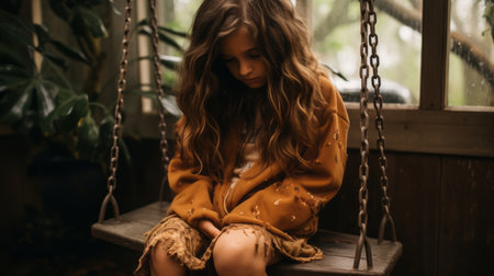 a young girl sitting on a swing in front of a windowの素材