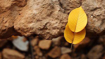 a yellow leaf is sitting on top of a rockの素材